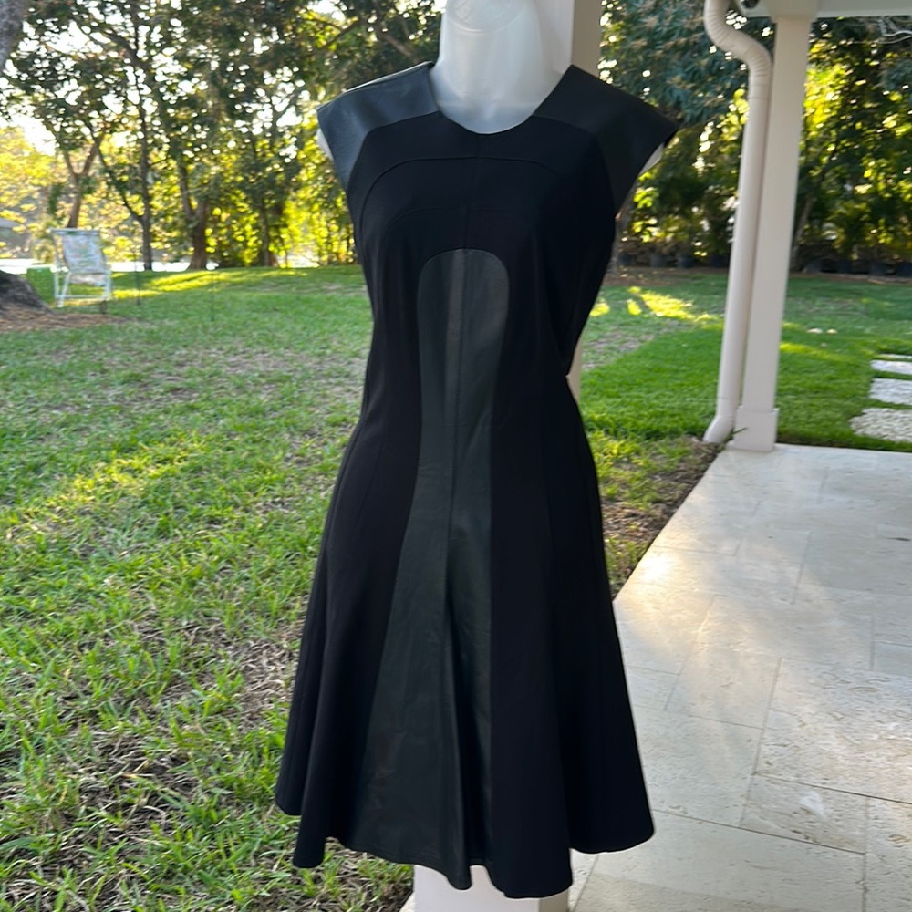 555 Los Angeles designer, black sleeveless asymmetrical w/leather midi dress